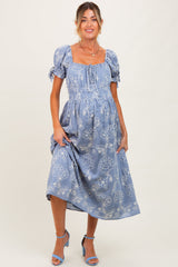 Denim Blue Floral Embroidered Maternity Midi Dress