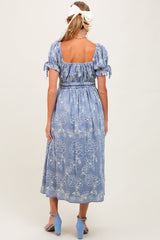 Denim Blue Floral Embroidered Maternity Midi Dress