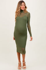 Olive Green Mesh Overlay Fitted Maternity Midi Dress