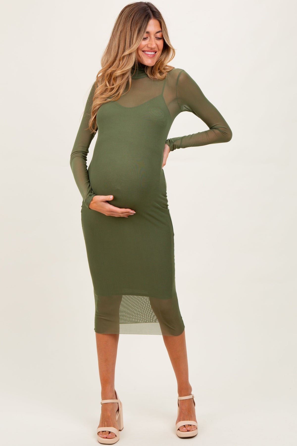 Olive Green Mesh Overlay Fitted Maternity Midi Dress