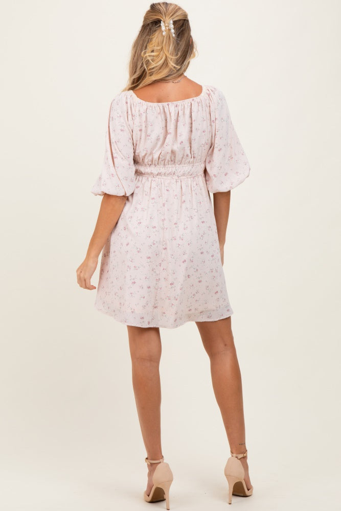 Cream Floral Square Neck Bubble Sleeve Maternity Dress