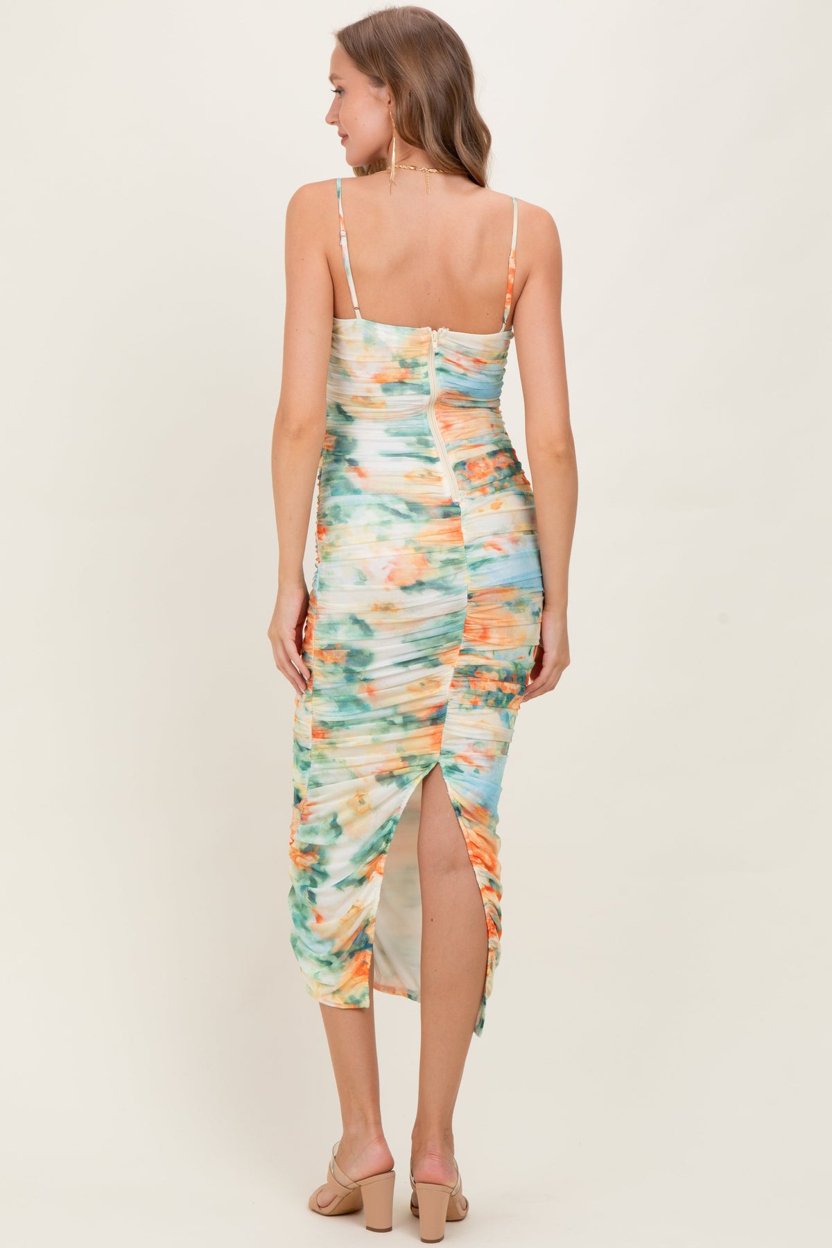 Green Watercolor Floral Mesh Ruched Sleeveless Maternity Dress