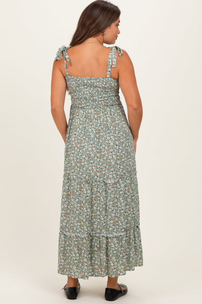 Light Olive Floral Button Down Shoulder Tie Maternity Maxi Dress