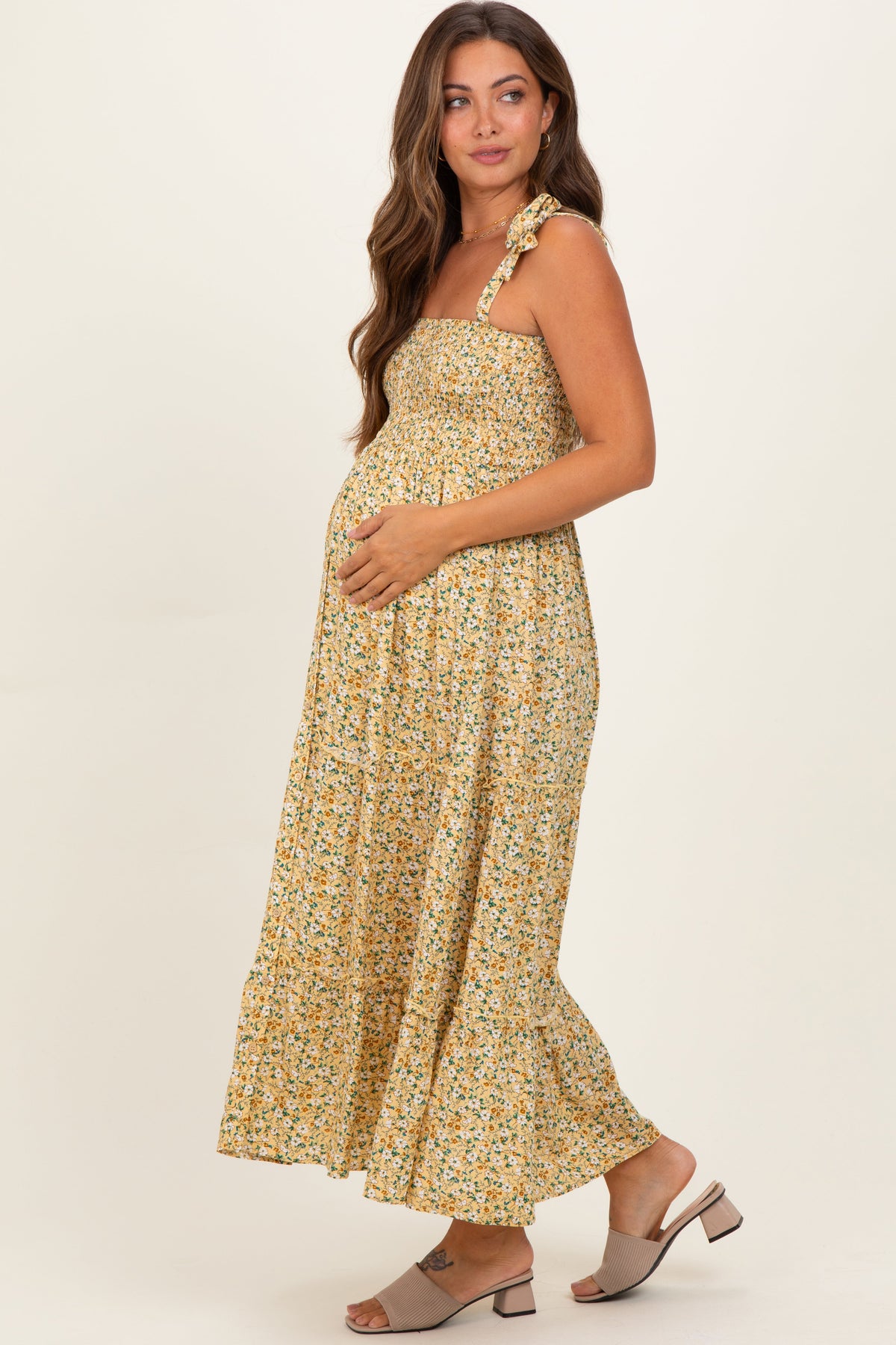 Yellow Floral Button Down Shoulder Tie Maternity Maxi Dress