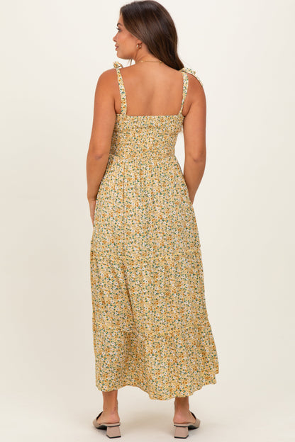 Yellow Floral Button Down Shoulder Tie Maternity Maxi Dress