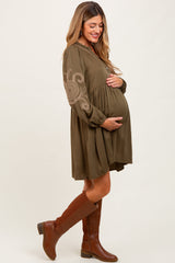 Olive Embroidered V-Neck Long Sleeve Maternity Dress