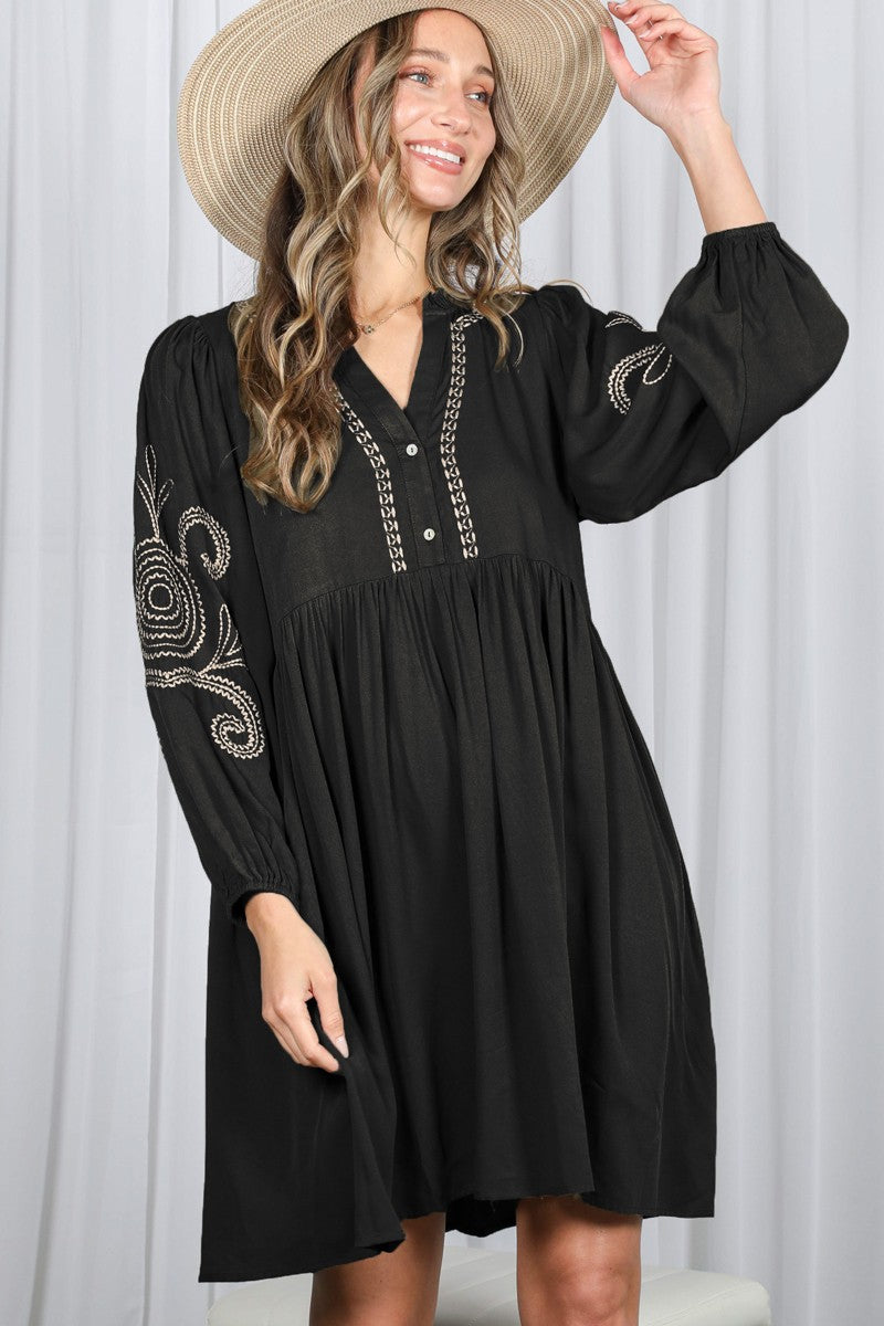 Black Embroidered V-Neck Long Sleeve Maternity Dress