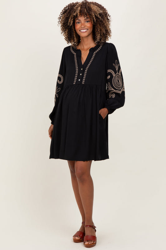Black Embroidered V-Neck Long Sleeve Maternity Dress