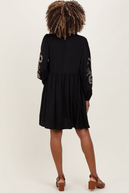 Black Embroidered V-Neck Long Sleeve Maternity Dress