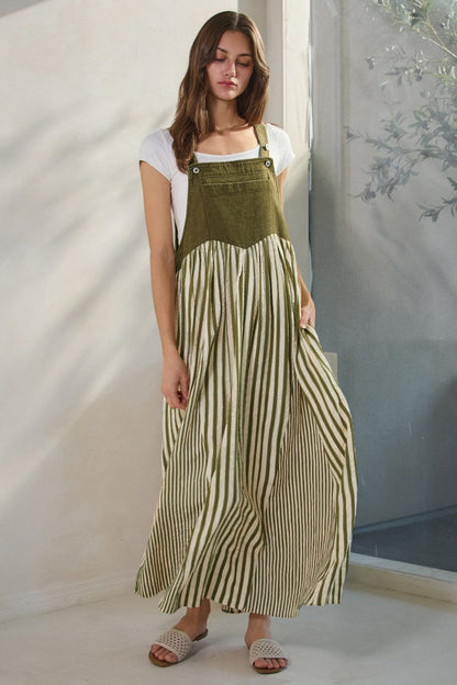 Olive Striped Colorblock Denim Contrast Maternity Maxi Dress