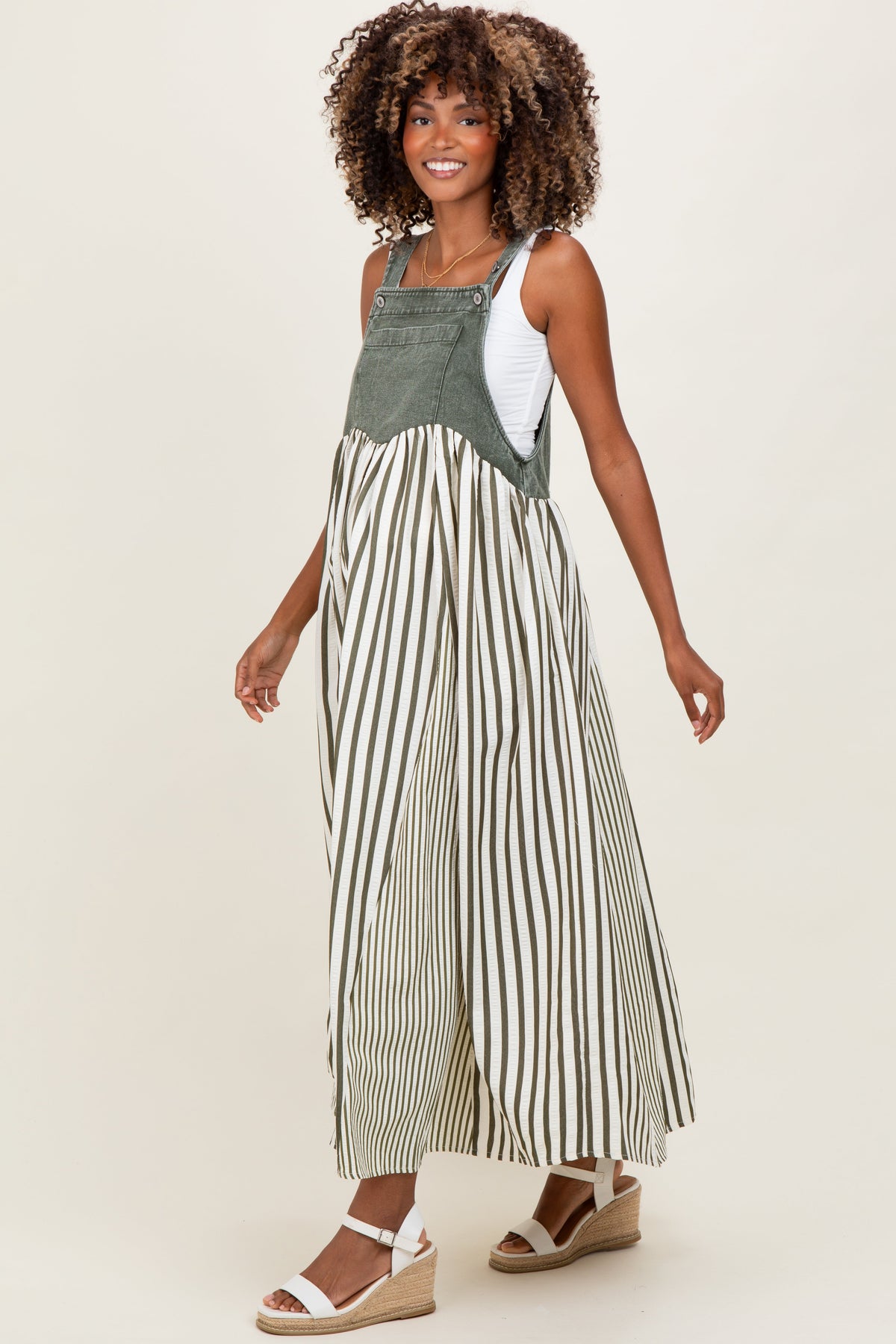 Olive Striped Colorblock Denim Contrast Maternity Maxi Dress