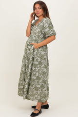 Olive Floral V-Neck 3/4 Sleeve Maternity Midi Dress