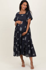 Navy Floral Embroidered Puff Sleeve Maternity Midi Dress