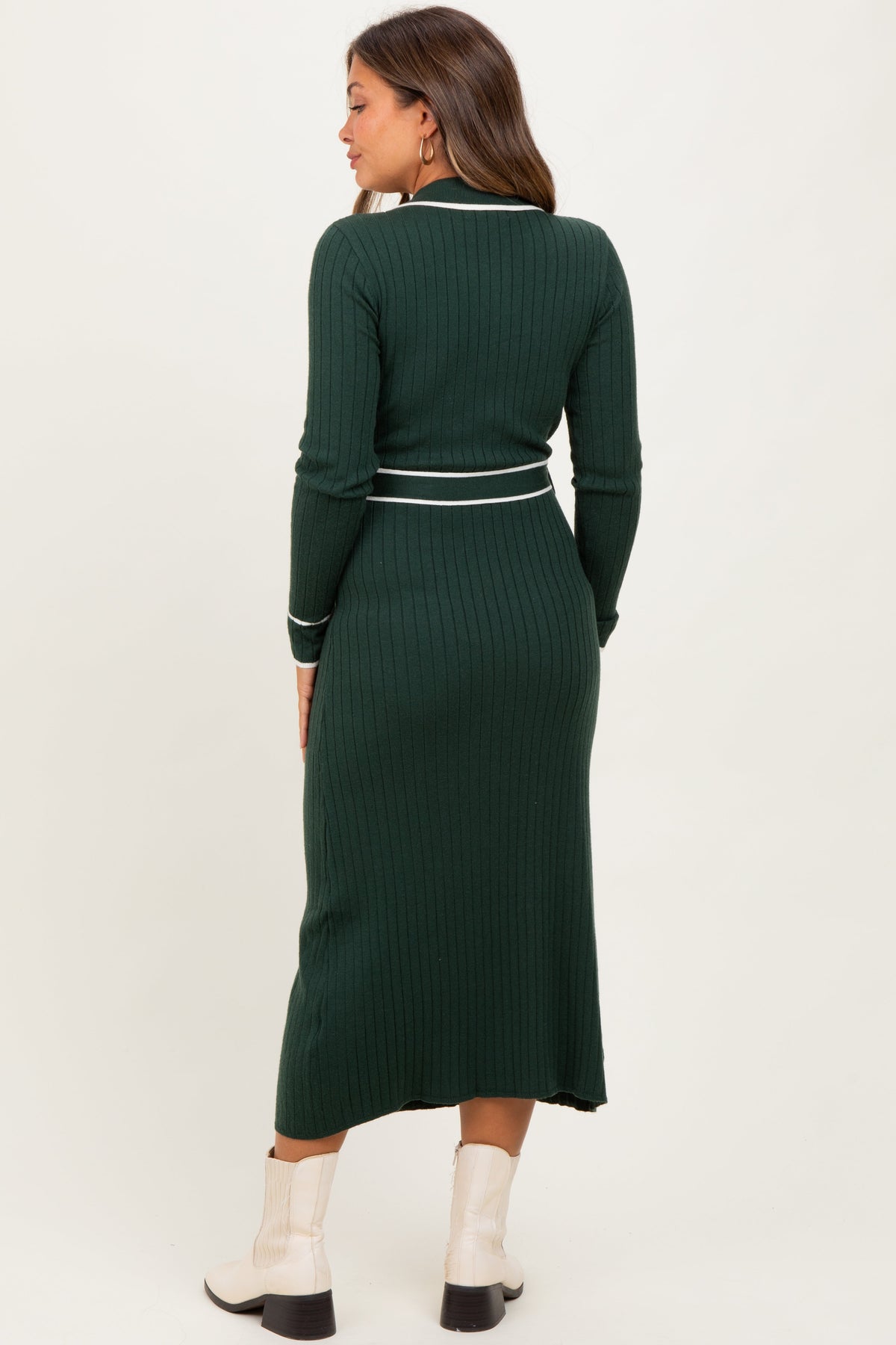Hunter Green Soft Stretchy Rib Fitted Maternity Sweater Midi Dress