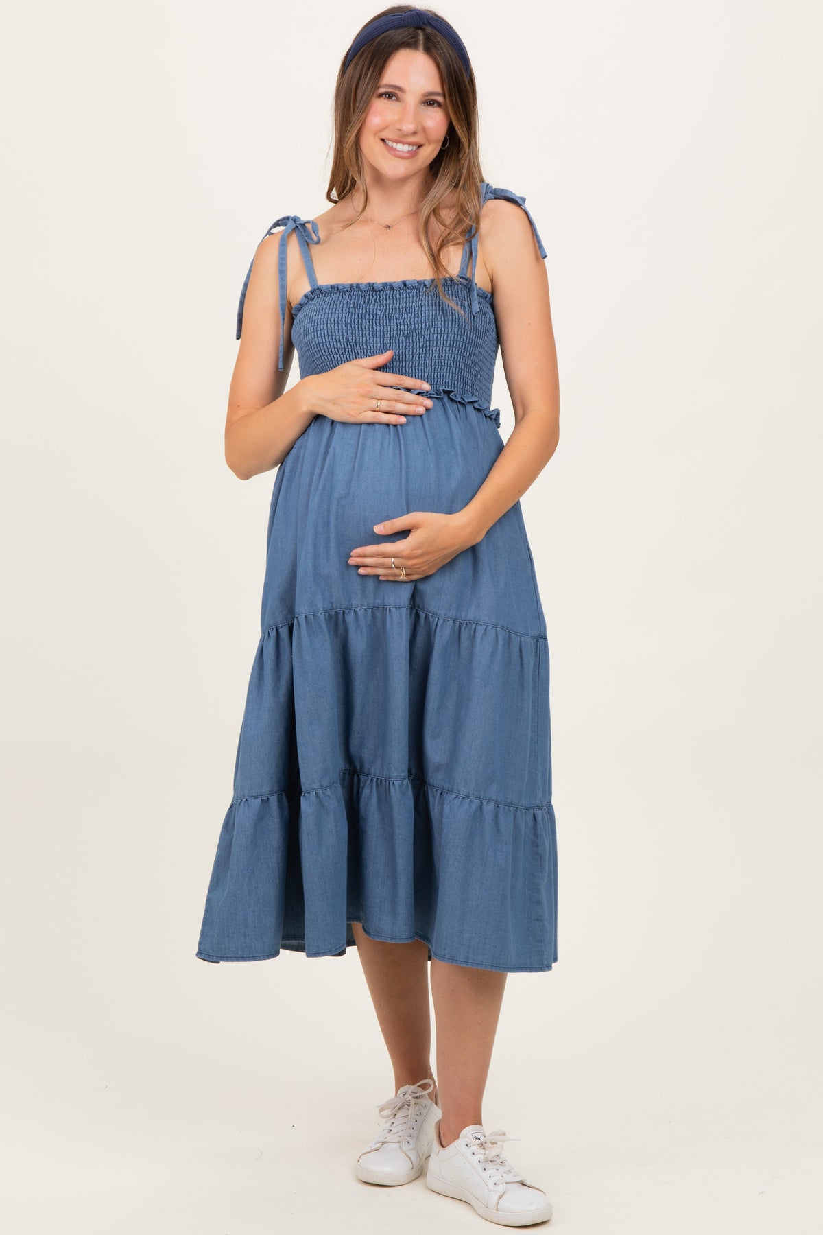 Blue Vintage Wash Denim Smocked Maternity Dress