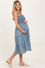 Light Blue Vintage Wash Denim Smocked Maternity Dress