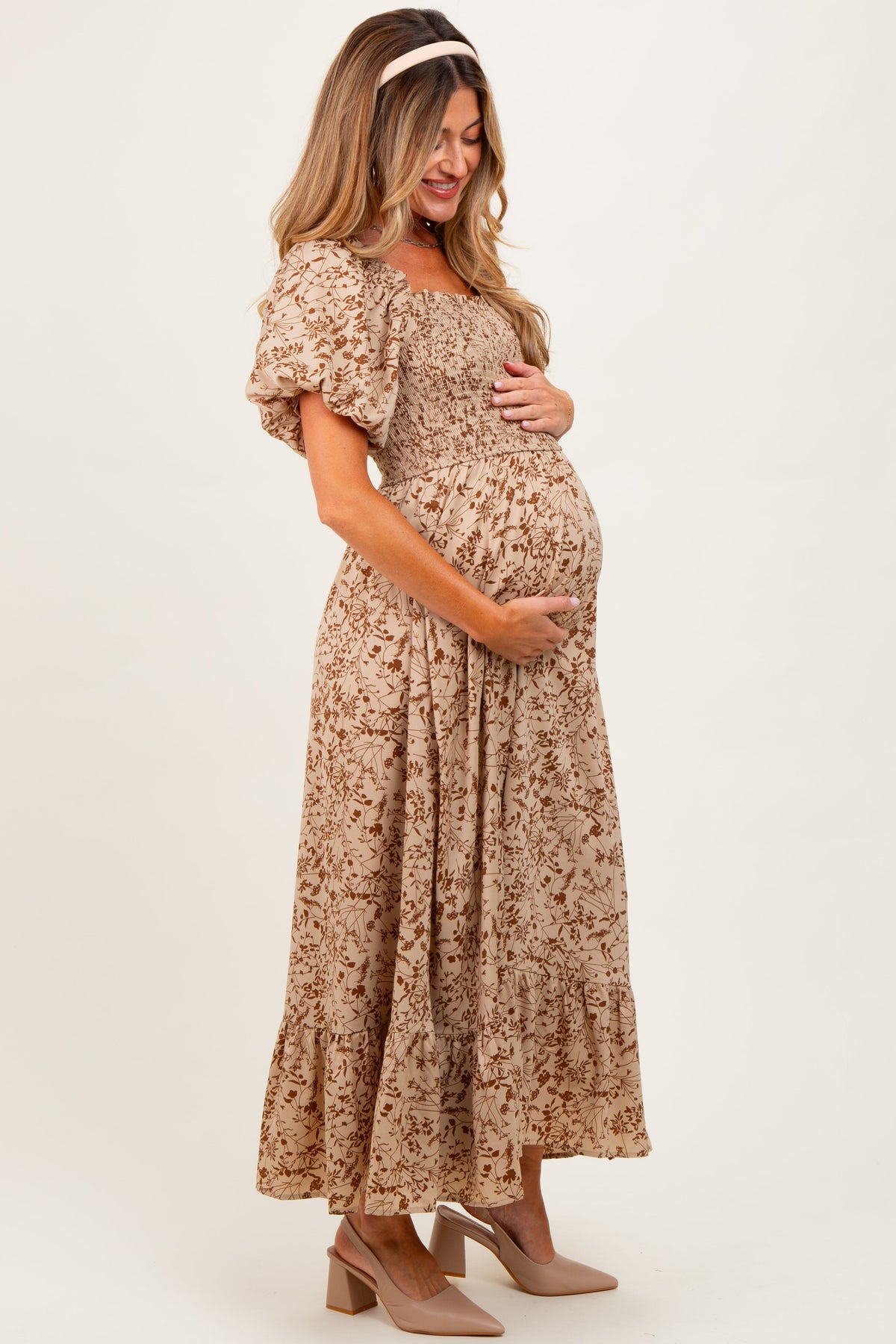 Mocha Leaf Print Smocked Square Neck Puff Sleeve Maternity Maxi Dress