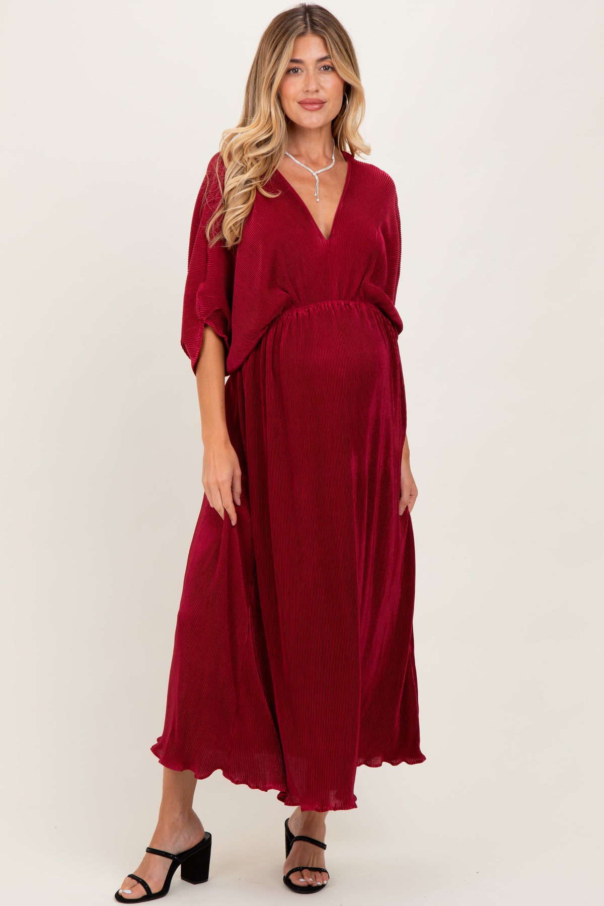 Burgundy Pleated Satin Dolman Sleeve Maternity Maxi Dress