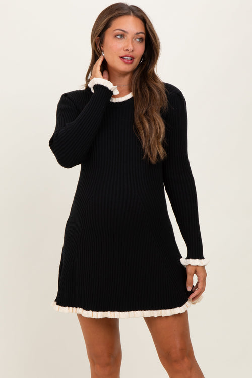 Black Ribbed Knit Contrast Ruffle Trim Maternity Mini Dress