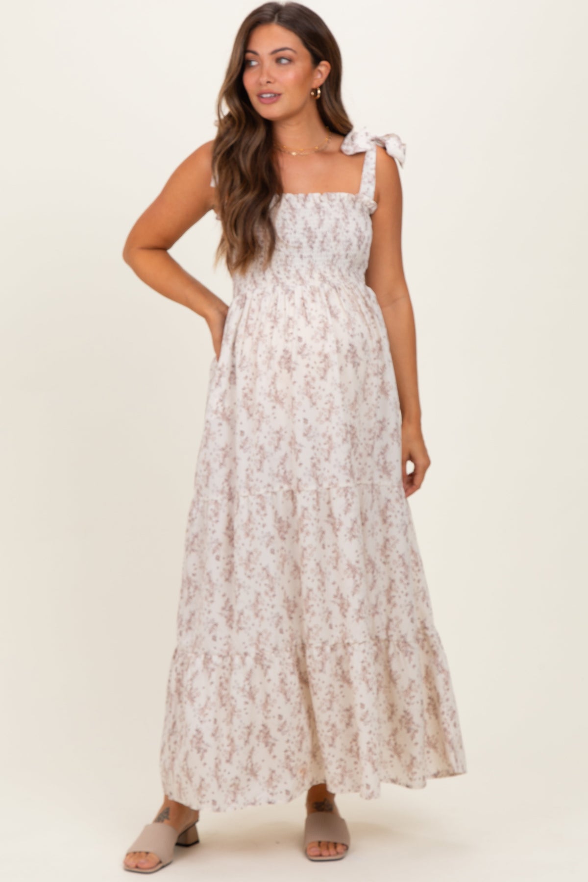 Ivory Floral Shoulder Tie Maternity Maxi Dress