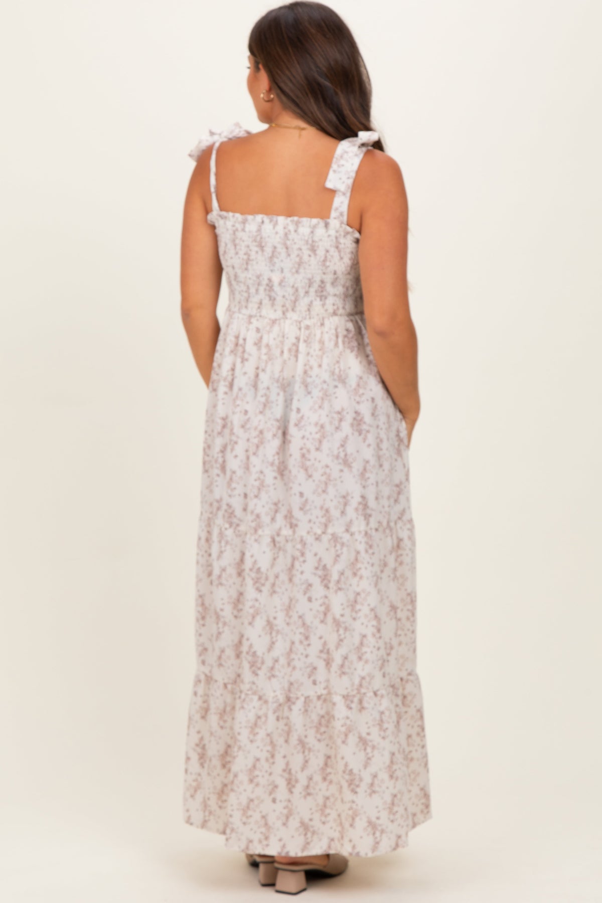 Ivory Floral Shoulder Tie Maternity Maxi Dress