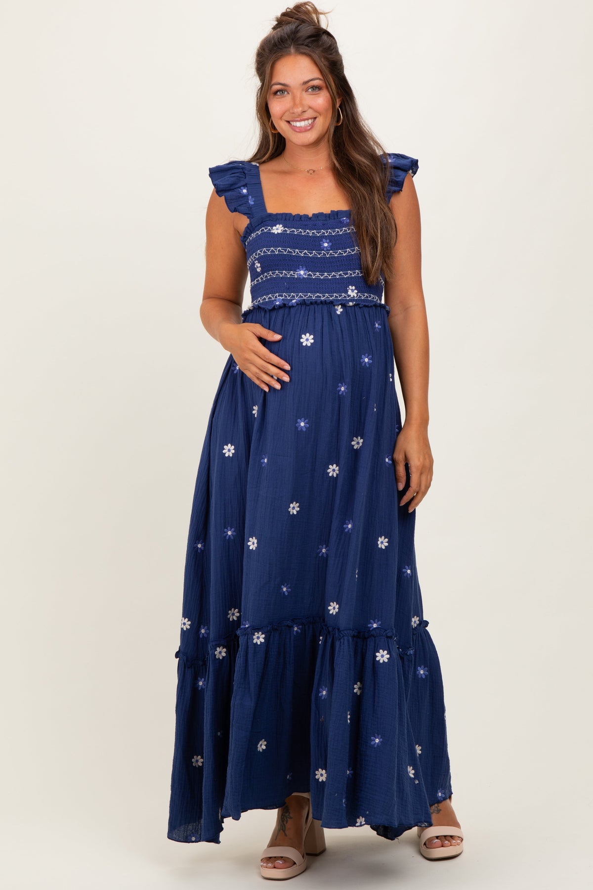 Royal Blue Floral Embroidered Smocked Maternity Maxi Dress