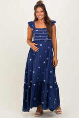 Royal Blue Floral Embroidered Smocked Maternity Maxi Dress