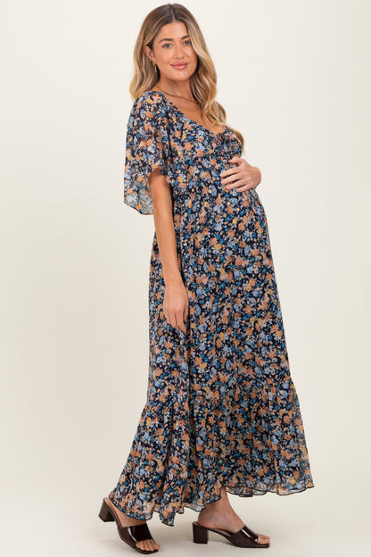 Navy Floral Sweetheart Neck Flutter Sleeve Maternity Maxi Dress