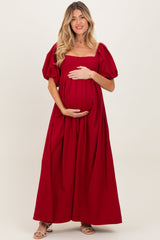 Burgundy Square Neck Puff Sleeve Maternity Maxi Dress