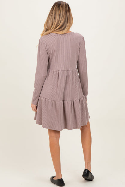 Mauve Textured Rib Tiered Long Sleeve Maternity Dress