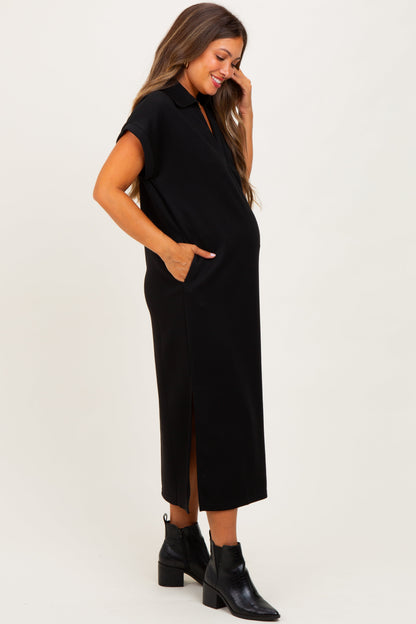 Black Collared Short Sleeve Maternity Midi Dress