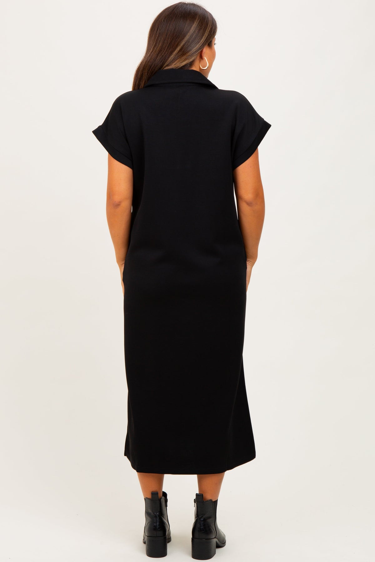 Black Collared Short Sleeve Maternity Midi Dress