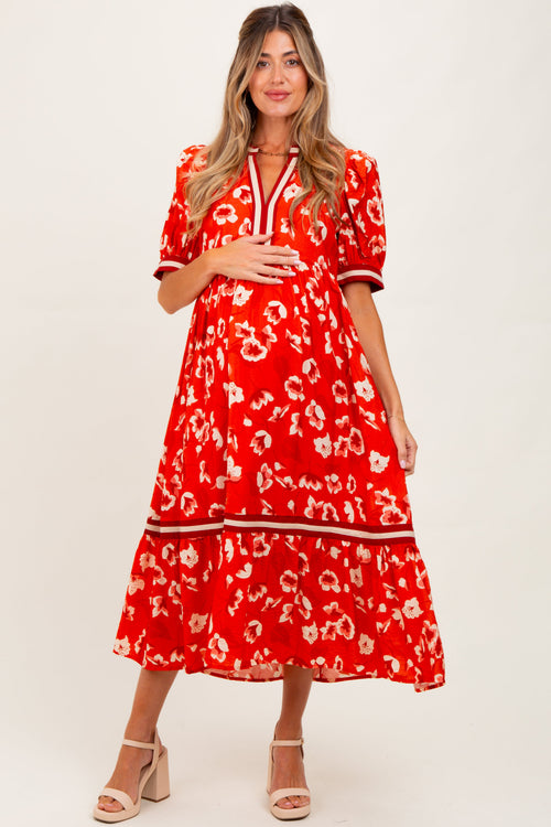 Red Floral Contrast Trim Maternity Midi Dress