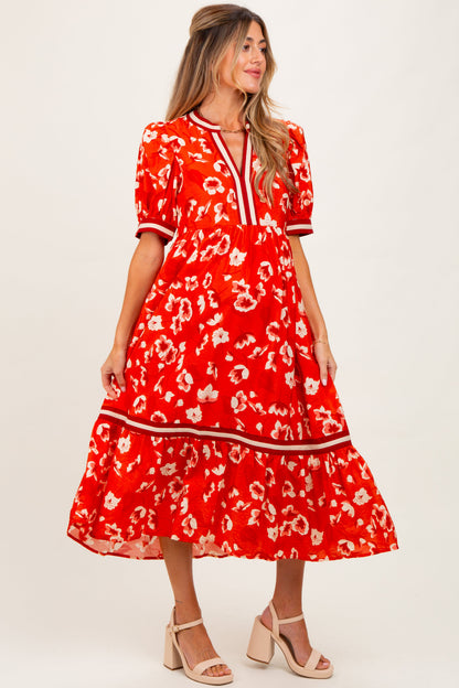 Red Floral Contrast Trim Maternity Midi Dress