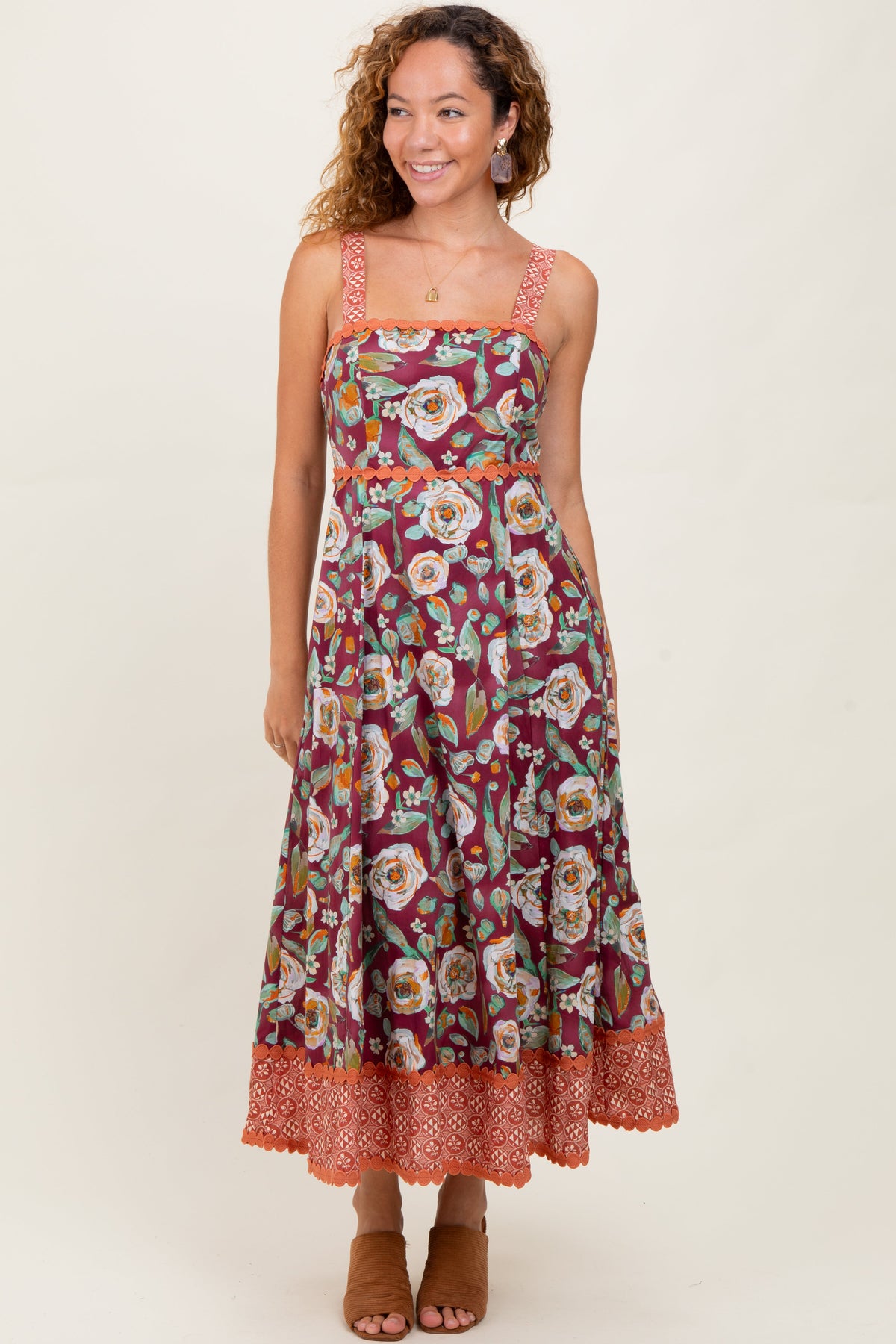 Burgundy Floral Contrast Print Sleeveless Maternity Midi Dress