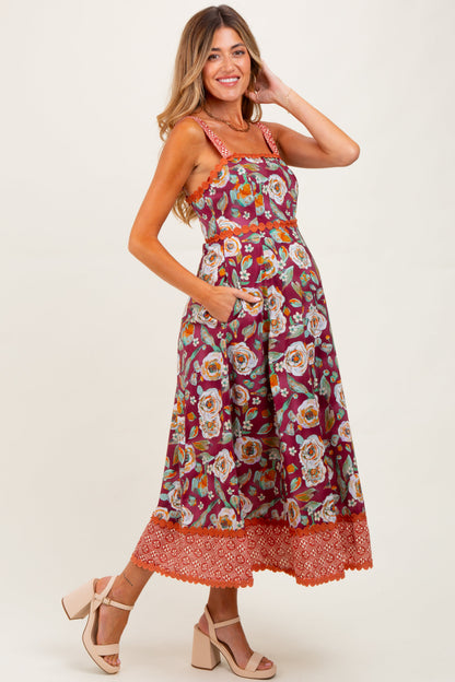 Burgundy Floral Contrast Print Sleeveless Maternity Midi Dress