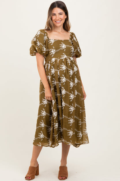 Dark Olive Textured Maternity Midi Dress