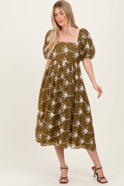 Dark Olive Textured Maternity Midi Dress