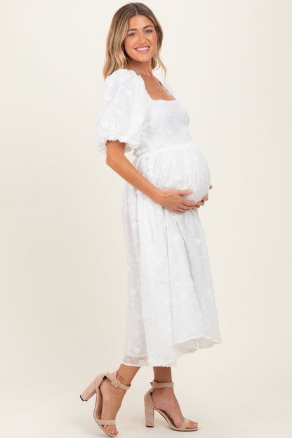 Ivory Embroidered Floral Puff Sleeve Maternity Midi Dress