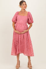 Mauve Embroidered Floral Puff Sleeve Maternity Midi Dress