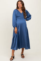 Blue Satin Smocked Pleated Maternity Midi Dress