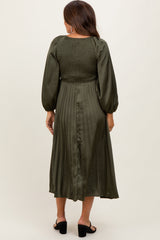 Olive Satin Smocked Pleated Maternity Midi Dress