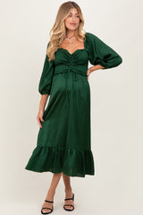 Green Satin Smocked Cinched Bust Maternity Midi Dress