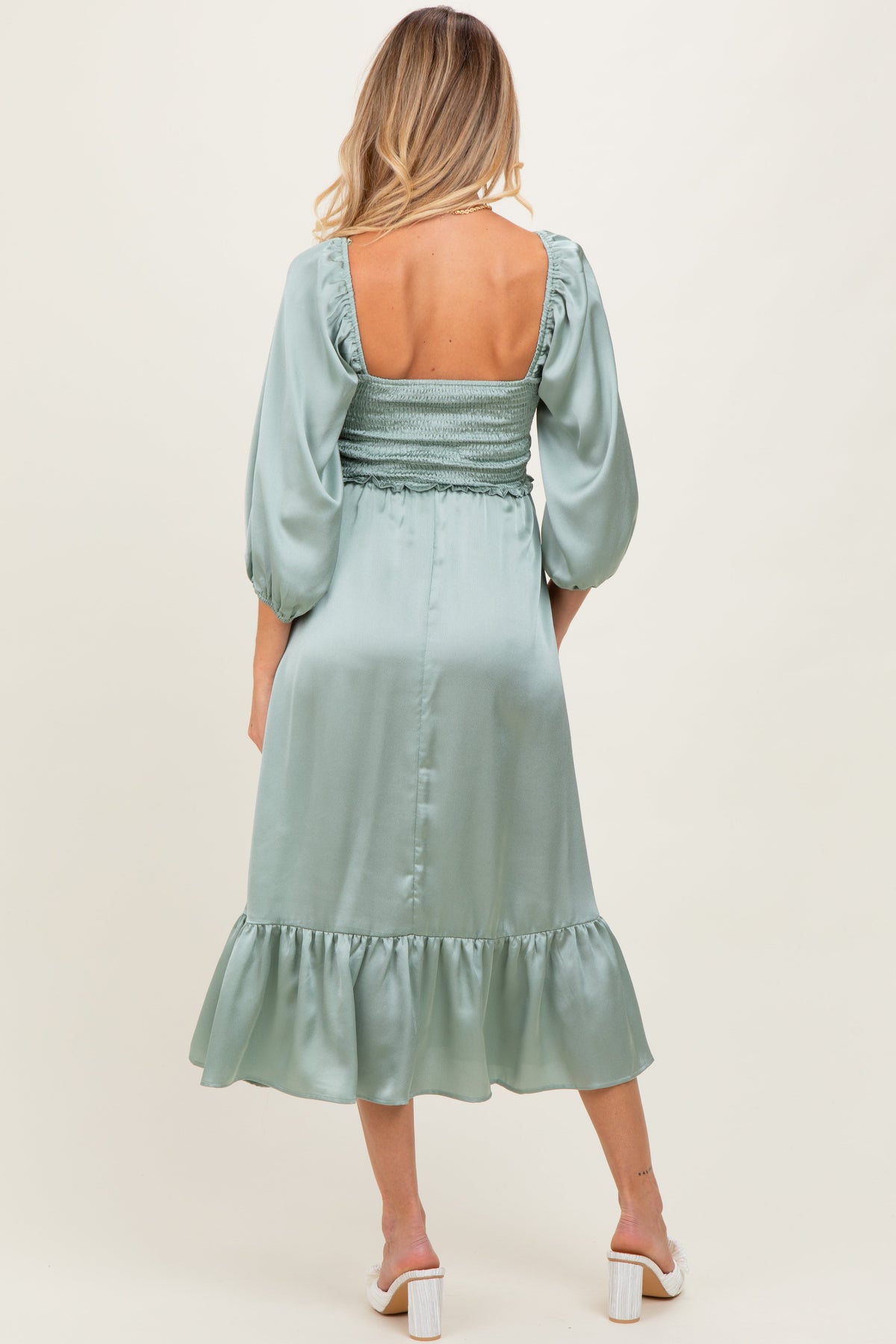 Light Olive Satin Smocked Cinched Bust Maternity Midi Dress