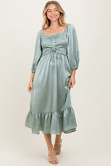 Light Olive Satin Smocked Cinched Bust Maternity Midi Dress