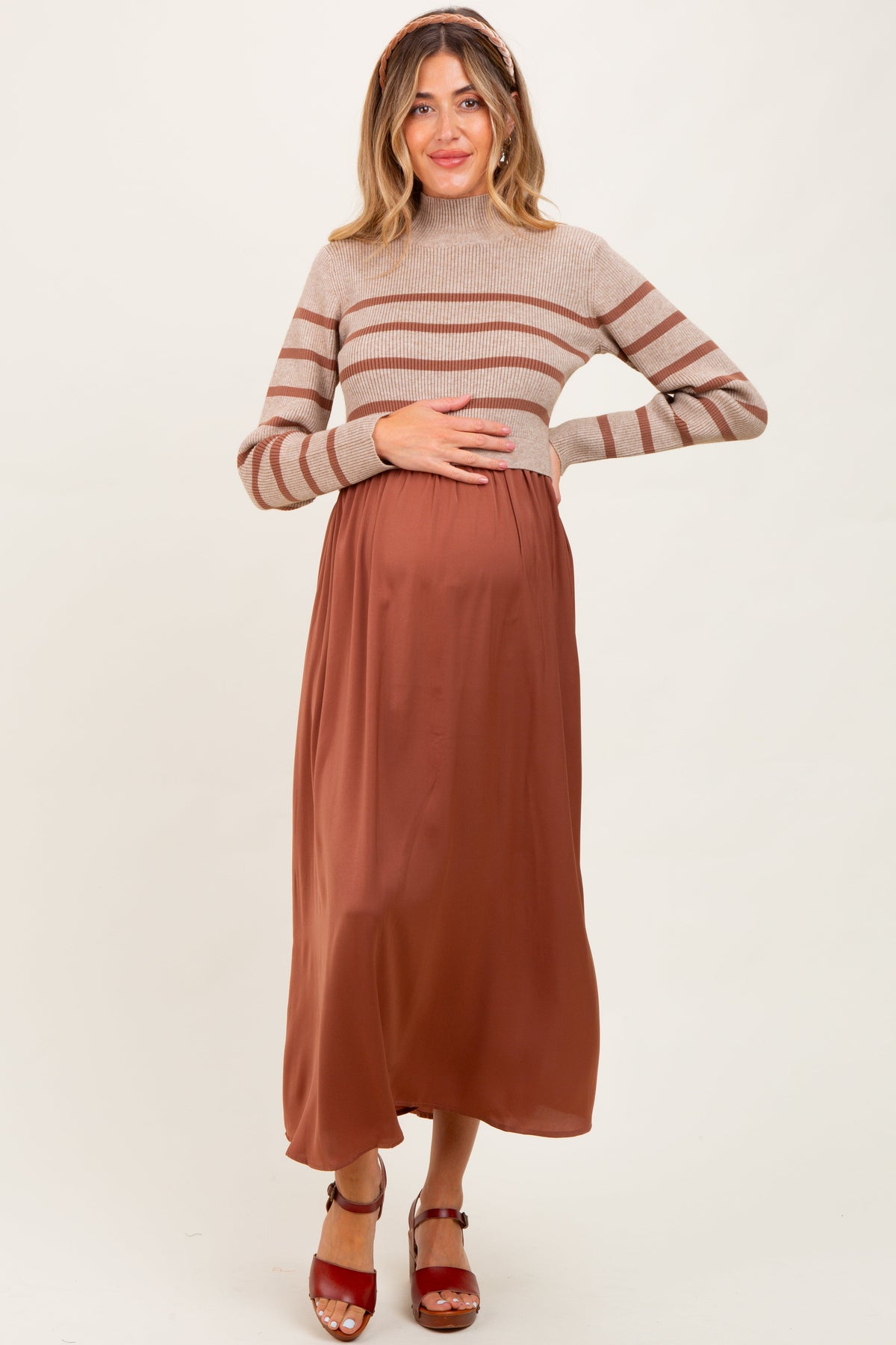 Brown Striped Contrast Sweater Top Maternity Maxi Dress