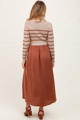 Brown Striped Contrast Sweater Top Maternity Maxi Dress