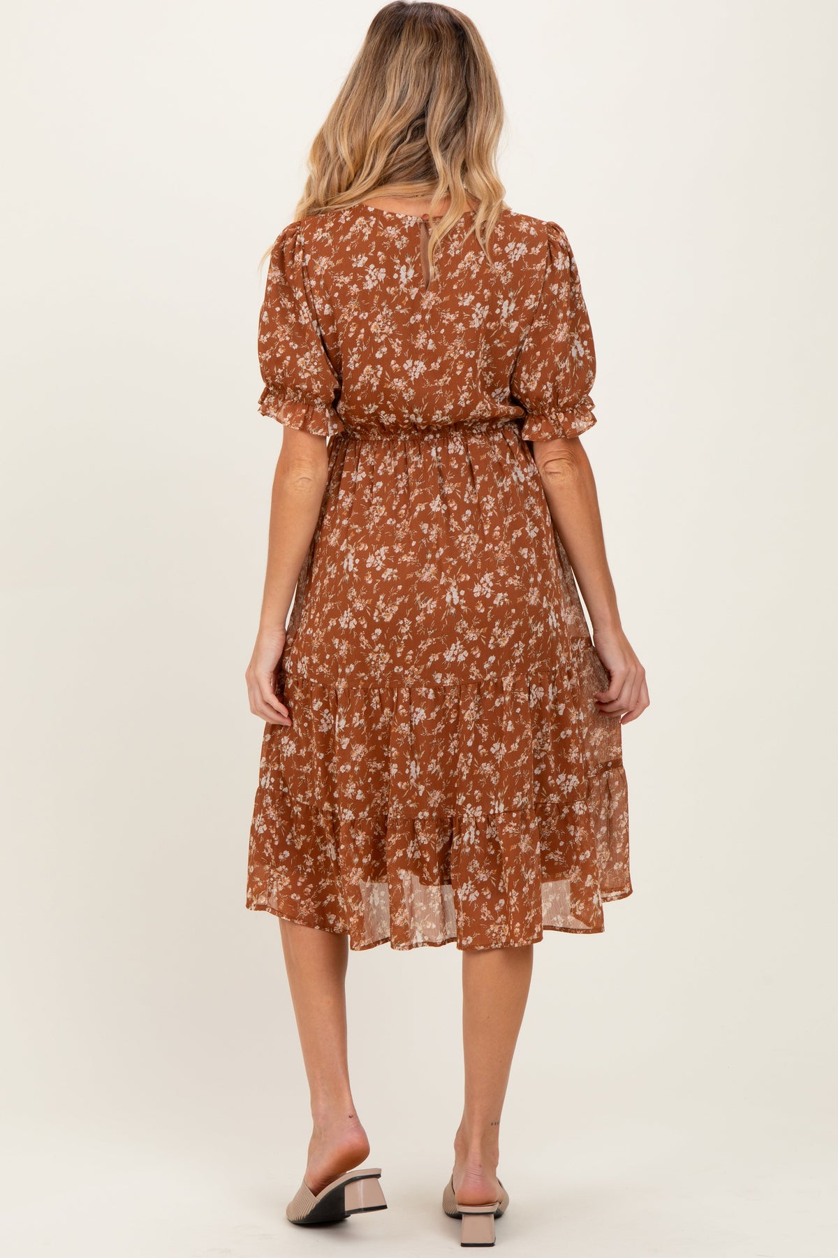 Rust Floral Short Sleeve Tiered Maternity Midi Dress