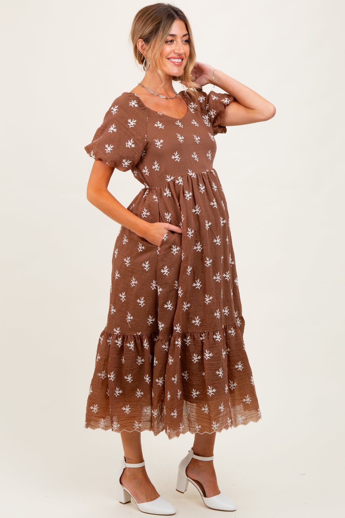 Brown Floral Embroidered Tiered Maternity Midi Dress