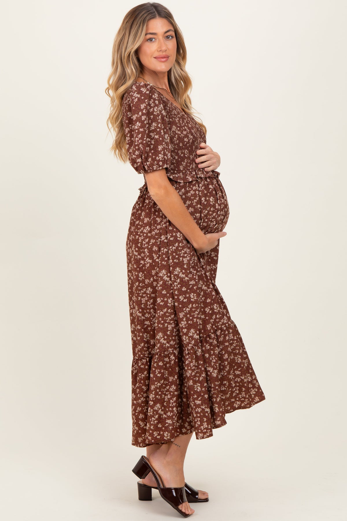 Brown Floral Smocked Short Sleeve Maternity Midi Dress